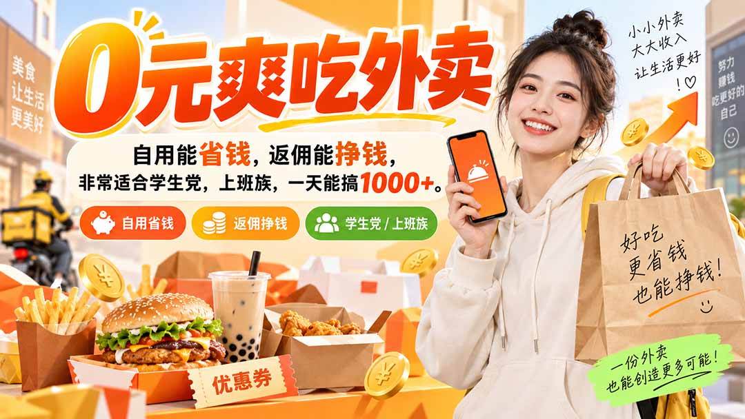 0元爽吃外卖,自用能省钱,返佣能挣钱,非常适合学生党,上班族,一天能搞1000+