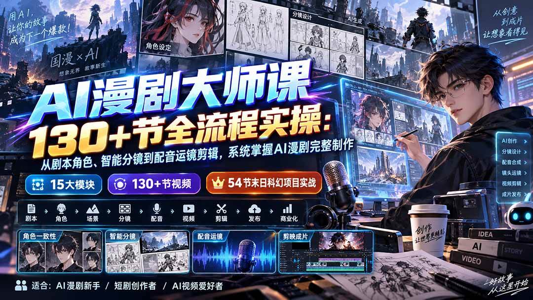 AI漫剧大师课130+节全流程实操:从剧本角色、智能分镜到配音运镜剪辑,系统掌握AI漫剧完整制作