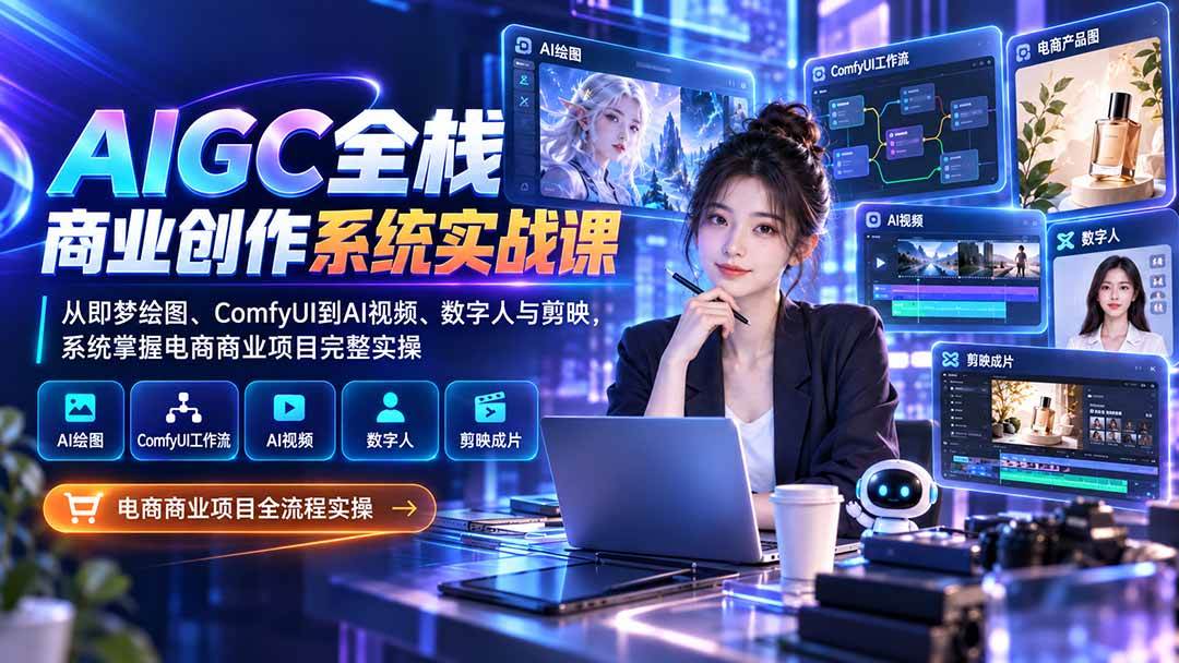 AIGC全栈商业创作系统实战课:从即梦绘图、ComfyUI到AI视频、数字人与剪映,系统掌握电商商业项目完整实操