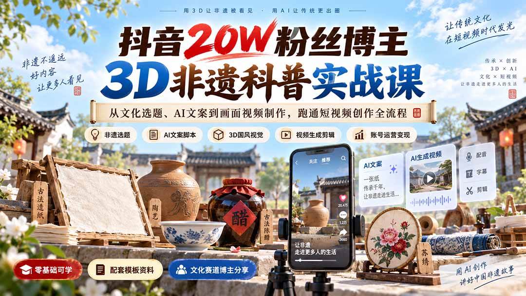抖音20W粉丝博主3D非遗科普实战课:从文化选题、AI文案到画面视频制作,跑通短视频创作全流程