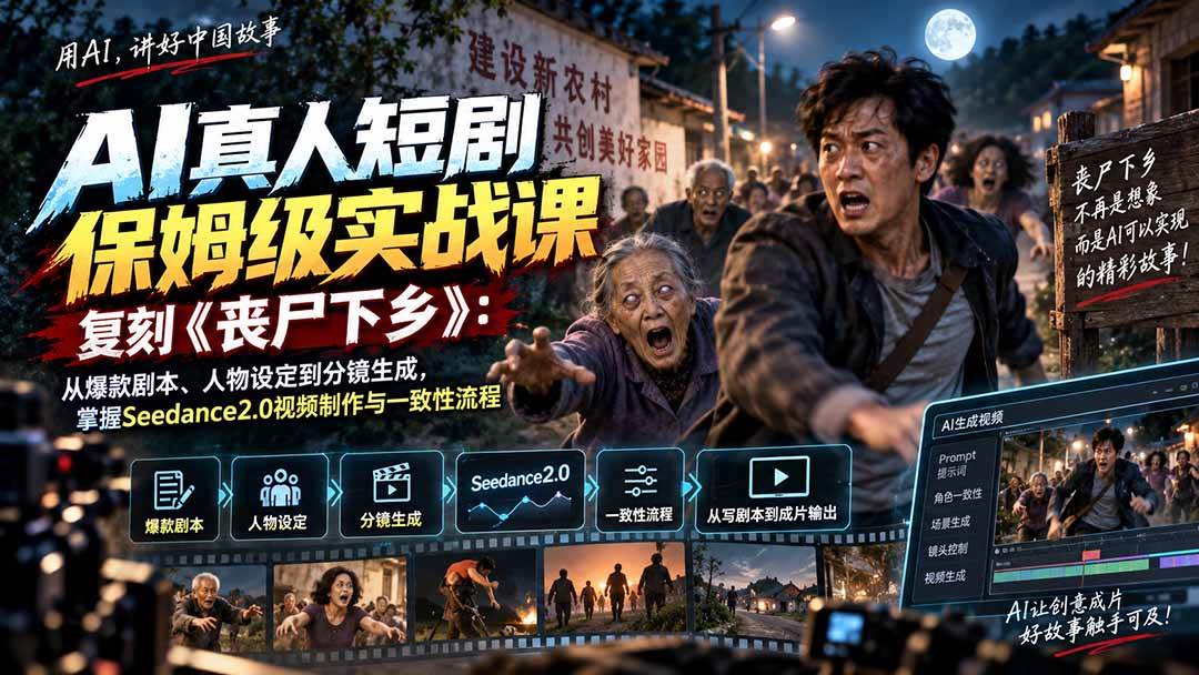 AI真人短剧保姆级实战课,复刻《丧尸下乡》:从爆款剧本、人物设定到分镜生成,掌握Seedance2.0视频制作与一致性流程