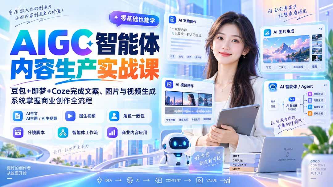 AIGC智能体内容生产实战课:豆包+即梦+Coze完成文案、图片与视频生成,系统掌握商业创作全流程