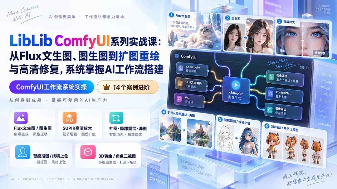 LibLib ComfyUI系列实战课:从Flux文生图、图生图到扩图重绘与高清修复,系统掌握AI工作流搭建