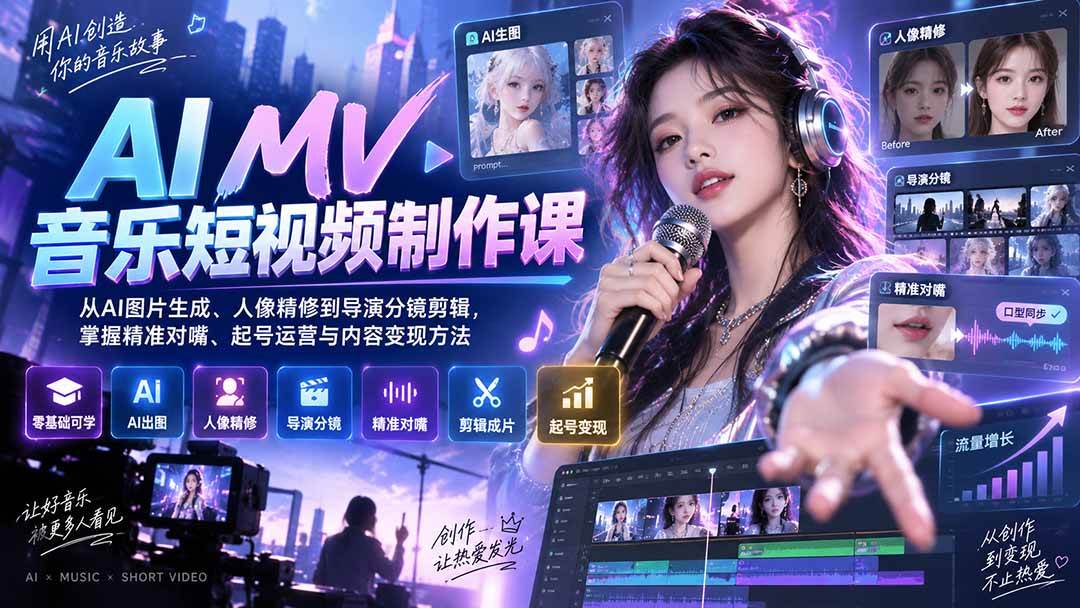 AI MV音乐短视频制作课:从AI图片生成、人像精修到导演分镜剪辑,掌握精准对嘴、起号运营与内容变现方法