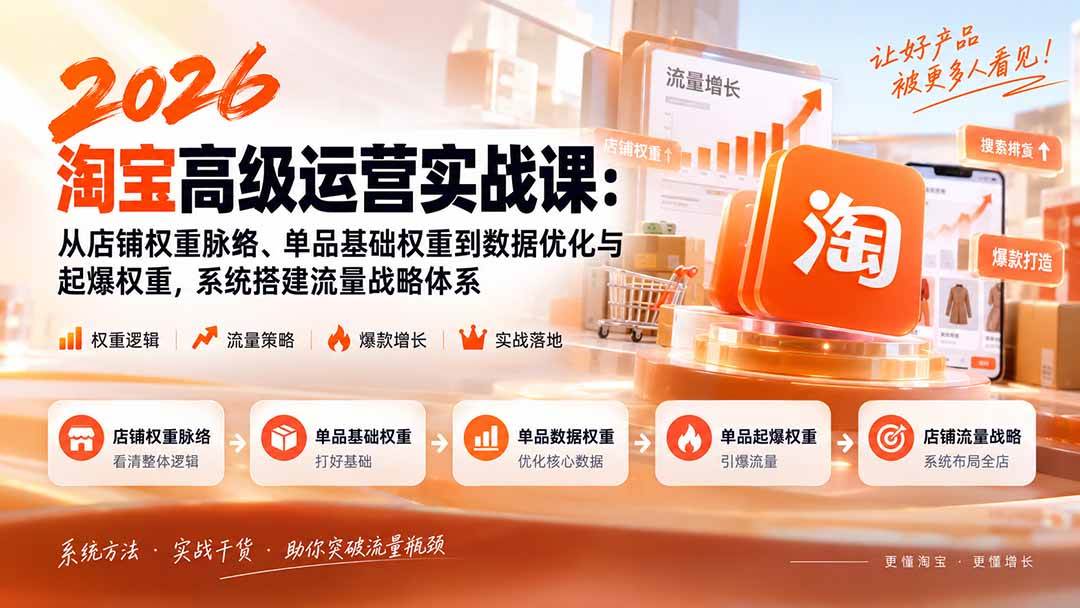 2026淘宝高级运营实战课:从店铺权重脉络、单品基础权重到数据优化与起爆权重,系统搭建流量战略体系