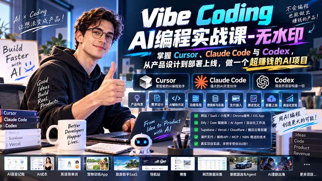 Vibe Coding AI编程实战课-无水印:掌握Cursor、Claude Code与Codex,从产品设计到部署上线,做一个超赚钱的AI项目
