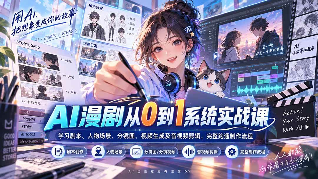 AI漫剧从0到1系统实战课:学习剧本、人物场景、分镜图、视频生成及音视频剪辑,完整跑通制作流程