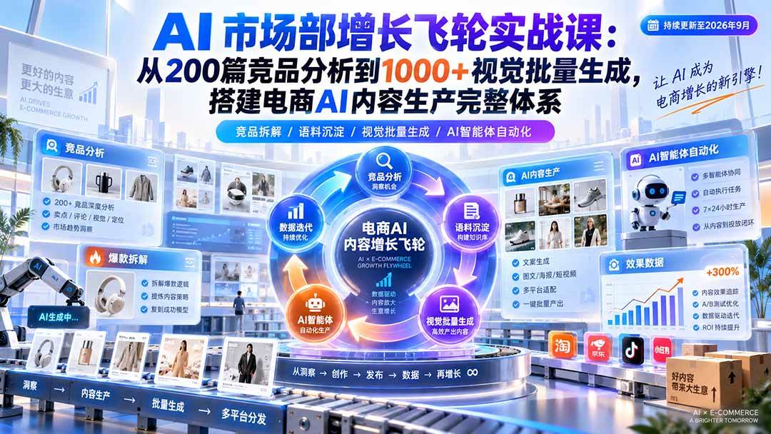 AI 市场部增长飞轮实战课:从200篇竞品分析到1000+视觉批量生成,搭建电商AI内容生产完整体系