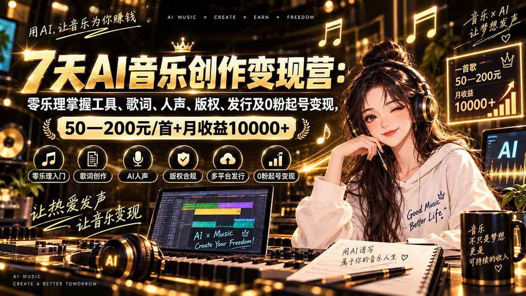 AI音乐创作变现营:零乐理掌握工具、歌词、人声、版权、发行及0粉起号变现,50—200元/首+月收益10000+