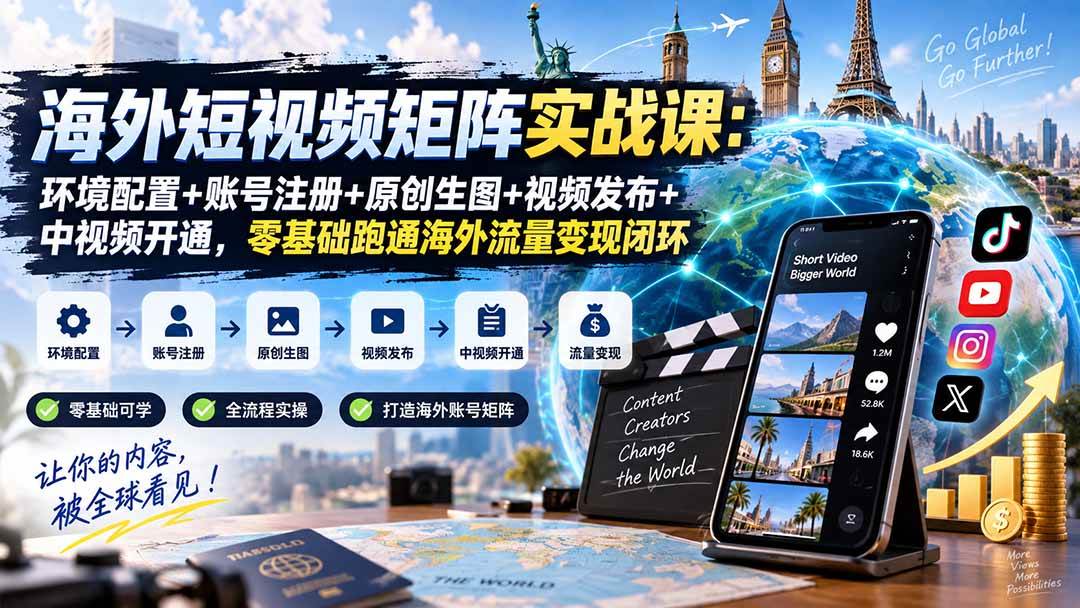 海外短视频矩阵实战课:环境配置+账号注册+原创生图+视频发布+中视频开通,零基础跑通海外流量变现闭环