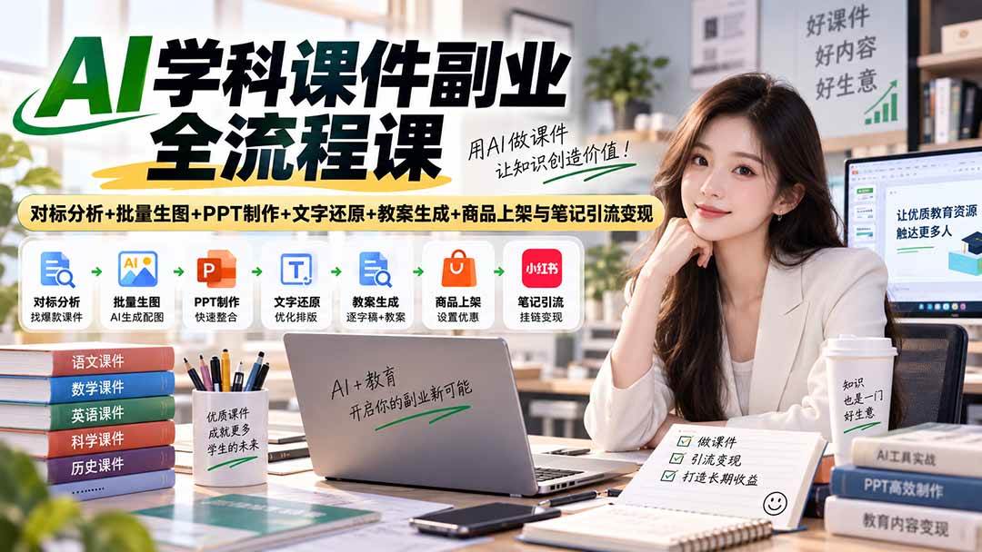 AI学科课件副业全流程课|对标分析+批量生图+PPT制作+文字还原+教案生成+商品上架与笔记引流变现