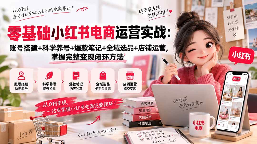 零基础小红书电商运营实战:账号搭建+科学养号+爆款笔记+全域选品+店铺运营,掌握完整变现闭环方法