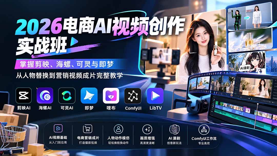 2026电商AI视频创作实战班:掌握剪映、海螺、可灵与即梦,从人物替换到营销视频成片完整教学
