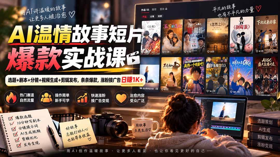 AI温情故事短片爆款实战课-更新|选题+剧本+分镜+视频生成+剪辑发布,条条爆款,涨粉接广告日赚1K+