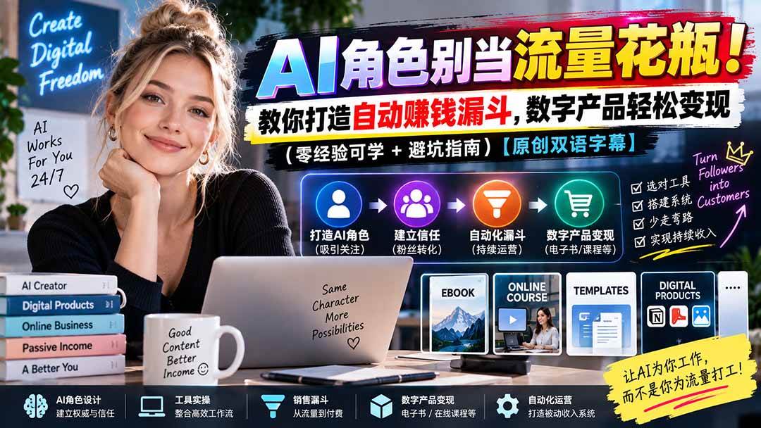 AI角色别当流量花瓶!教你打造自动赚钱漏斗,数字产品轻松变现【原创双语字幕】