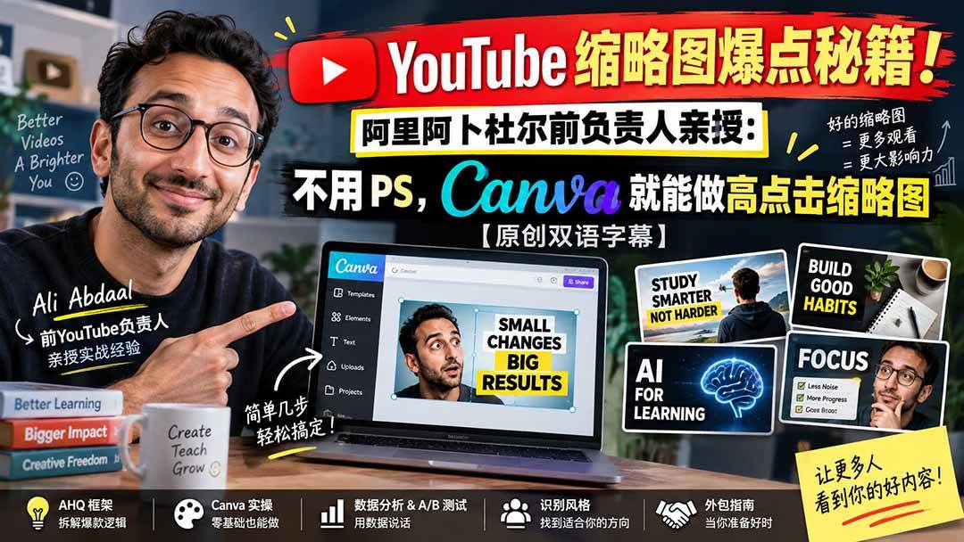 YouTube 缩略图爆点秘籍!阿里阿卜杜尔前负责人亲授:不用 PS,Canva 就能做高点击缩略图【原创双语字幕】