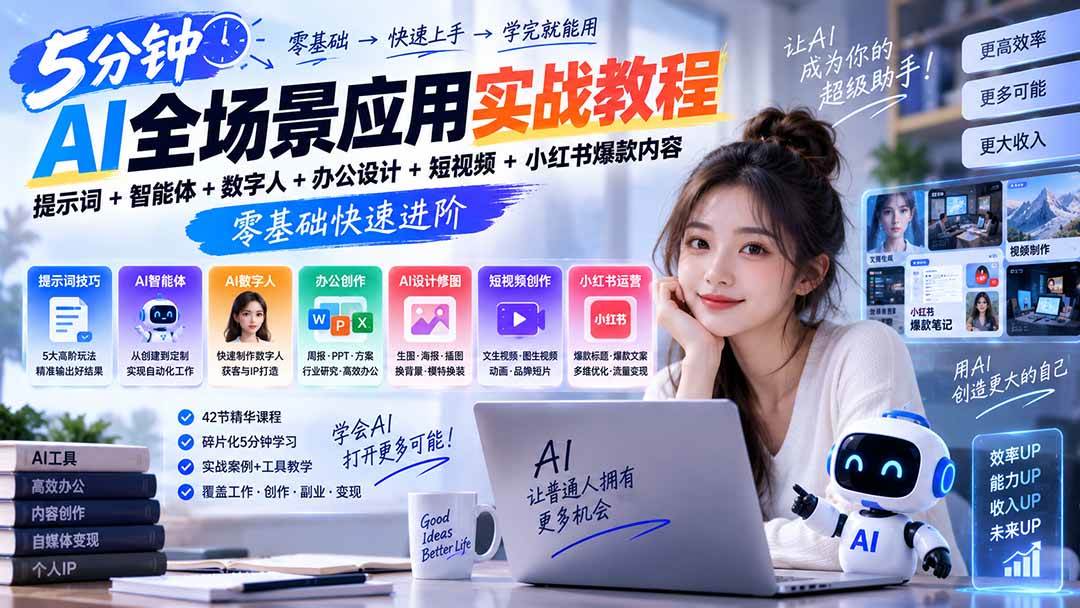 AI全场景应用实战教程|提示词+智能体+数字人+办公设计+短视频+小红书爆款内容,零基础快速进阶
