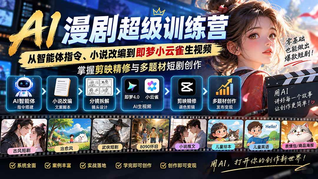 AI漫剧超级特训营:从智能体指令、小说改编到即梦小云雀生视频,掌握剪映精修与多题材短剧创作