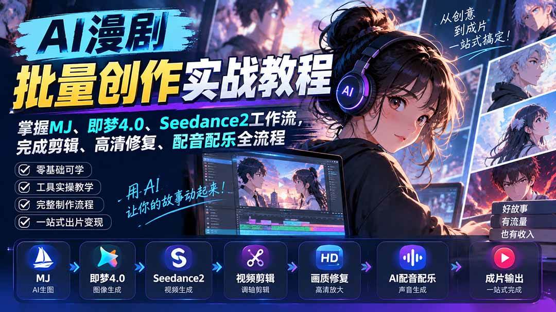 AI漫剧批量创作实战教程:掌握MJ、即梦4.0、Seedance2工作流,完成剪辑、高清修复、配音配乐全流程
