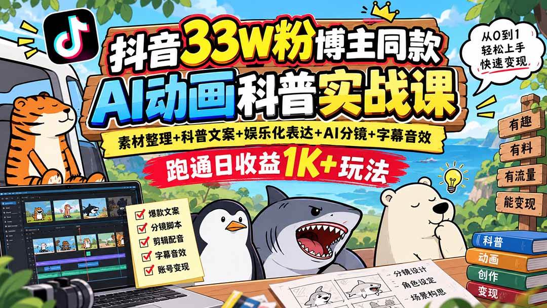 抖音33W粉博主同款AI动画科普实战课|素材整理+科普文案+娱乐化表达+AI分镜+字幕音效,跑通日收益1K+玩法