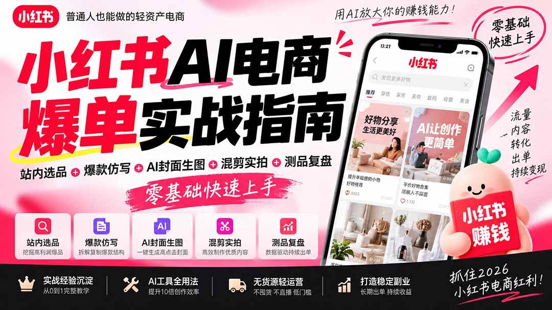 2026小红书AI电商爆单实战指南:站内选品+爆款仿写+AI封面生图+混剪实拍+测品复盘,零基础快速上手