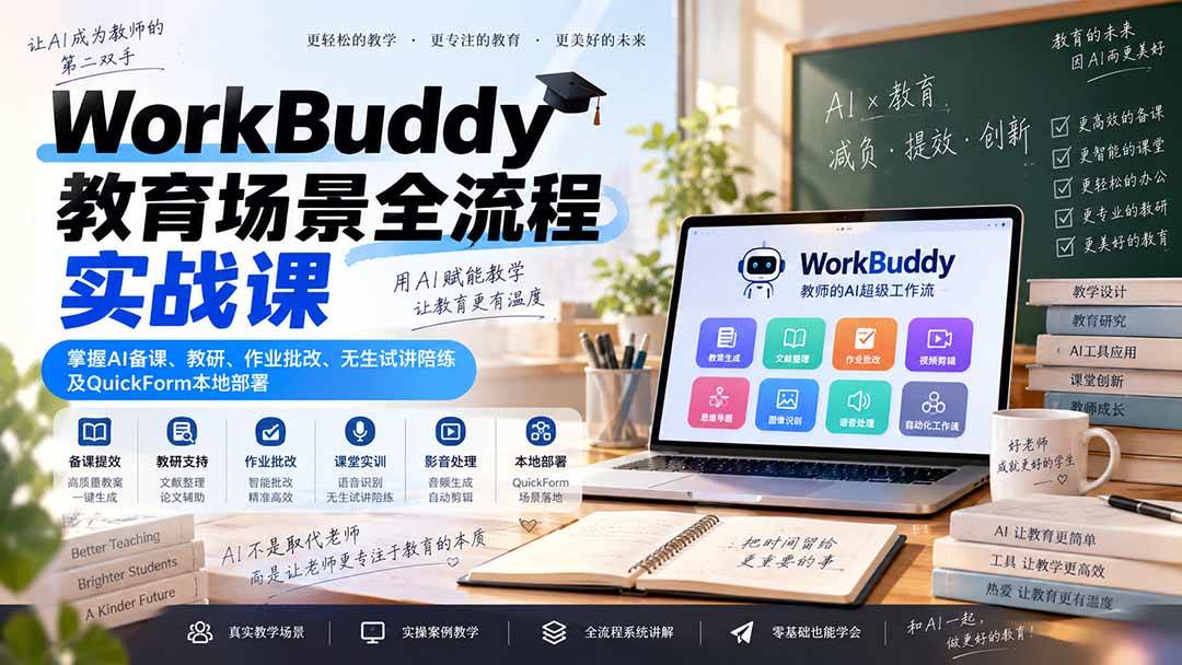 WorkBuddy教育场景全流程实战课:掌握AI备课、教研、作业批改、无生试讲陪练及QuickForm本地部署