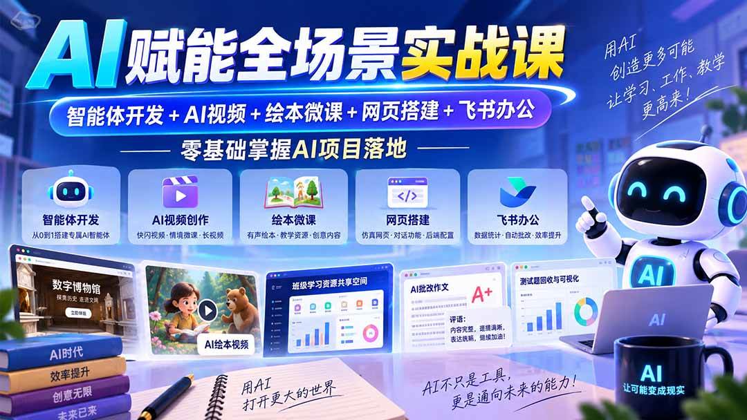 AI赋能全场景实战课|智能体开发+AI视频+绘本微课+网页搭建+飞书办公,零基础掌握AI项目落地