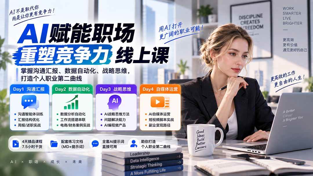 AI职场提效与第二曲线实战课-无水印:学习沟通汇报、数据工作流和战略思维,掌握AI编程做产品及自媒体运营方法