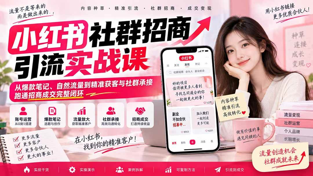 小红书社群招商引流实战课-无水印:从爆款笔记、自然流量到精准获客与社群承接,跑通招商成交完整闭环