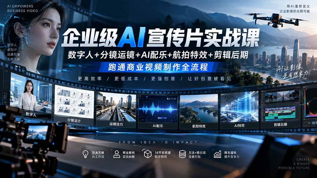 企业级AI宣传片实战课|数字人+分镜运镜+AI配乐+航拍特效+剪辑后期,跑通商业视频制作全流程