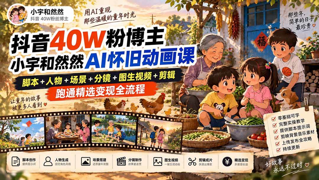 抖音40W粉博主小宇和然然AI怀旧动画课|脚本+人物+场景+分镜+图生视频+剪辑,跑通精选变现全流程