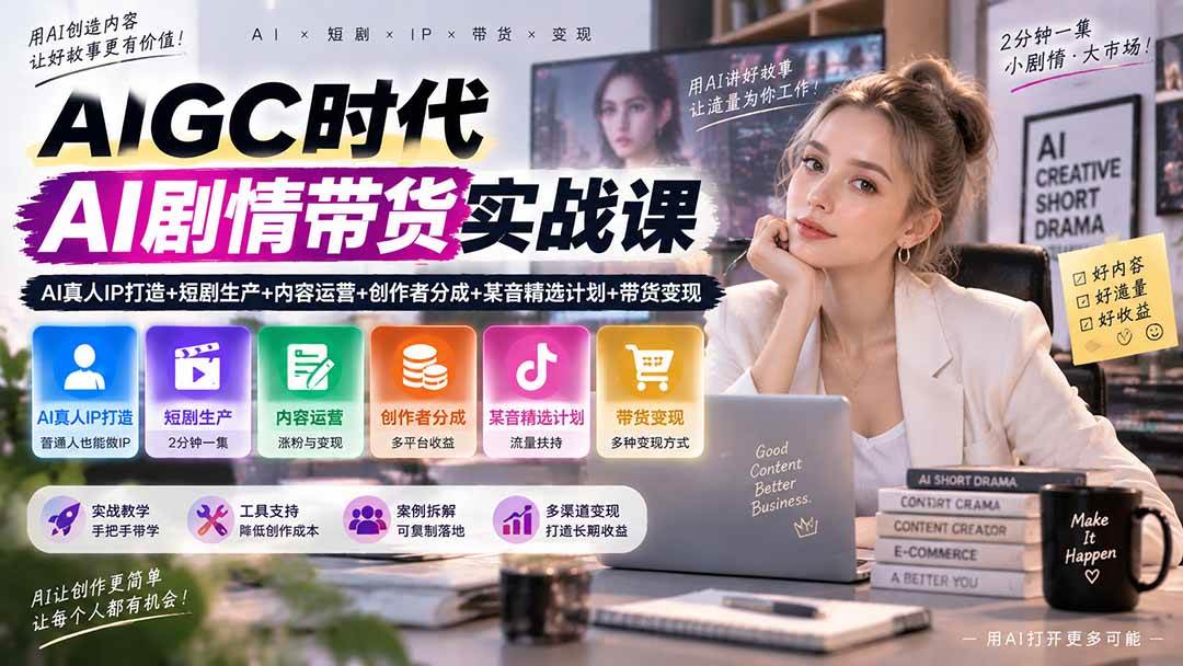 AIGC时代AI剧情带货实战课|AI真人IP打造+短剧生产+内容运营+创作者分成、某音精选计划+带货变现
