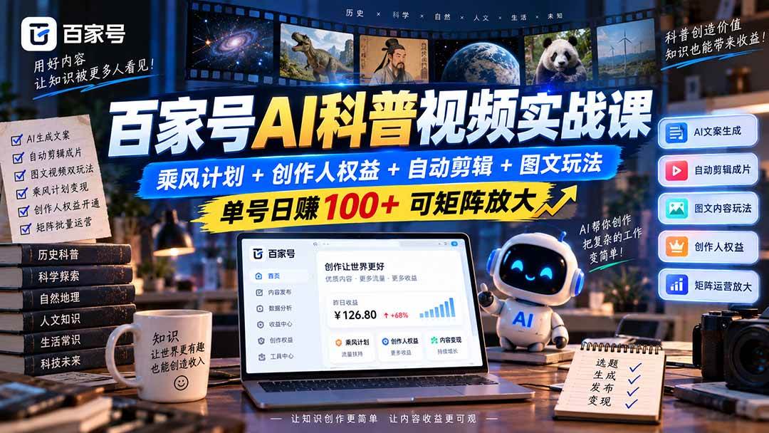 百家号AI科普视频实战课:乘风计划+创作人权益+自动剪辑+图文玩法,单号日赚100+可矩阵放大