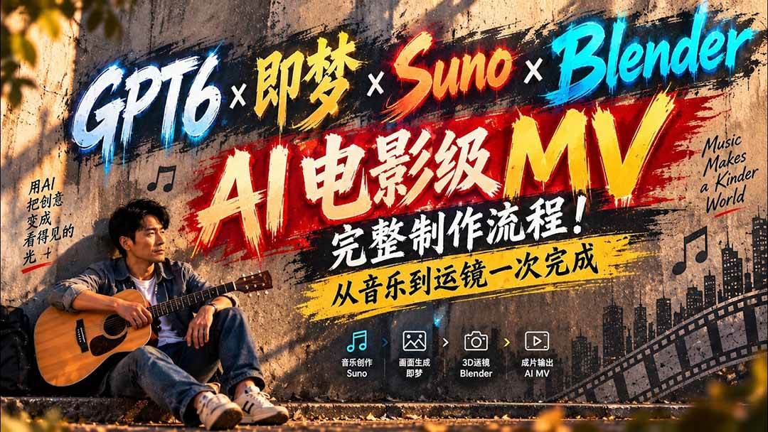 GPT6×即梦×Suno×Blender|AI电影级MV完整制作流程!从音乐到运镜一次完成 (无水印)