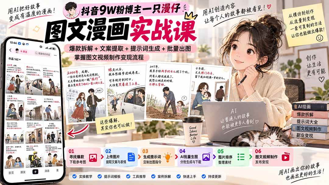 抖音9W粉博主一只漫仔图文漫画课:爆款拆解+文案提取+提示词生成+批量出图,掌握图文视频制作变现流程