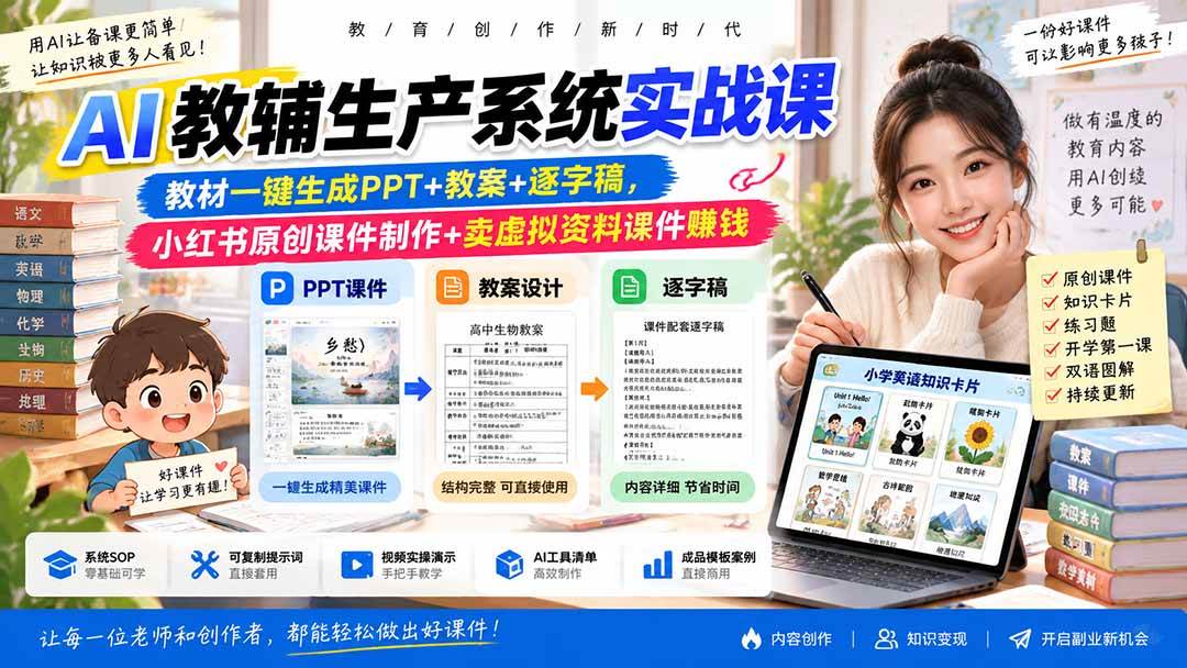 AI教辅生产系统实战课-更新0922|教材一键生成PPT+教案+逐字稿,小红书原创课件制作+卖虚拟资料课件赚钱