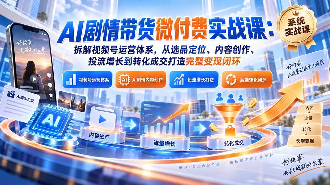 AI剧情带货微付费实战课:拆解视频号运营体系,从选品定位、内容创作、投流增长到转化成交打造完整变现闭环