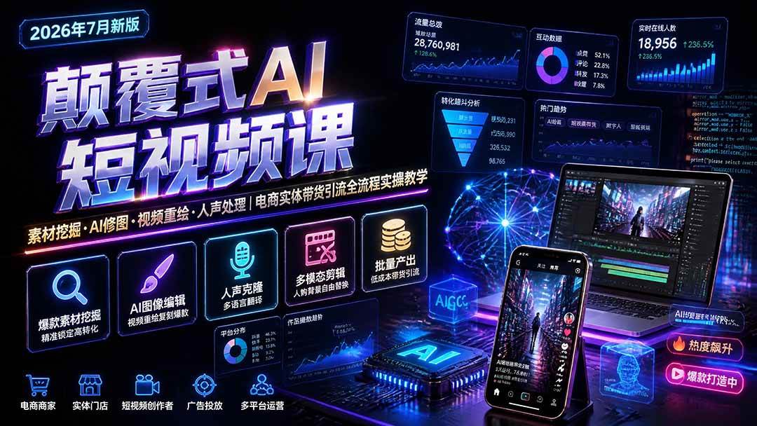 颠覆式AI短视频课-更新|素材挖掘,AI修图,视频重绘,人声处理|电商实体带货引流全流程实操教学
