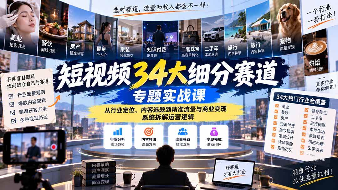 短视频34大细分赛道专题实战课:从行业定位、内容选题到精准流量与商业变现,系统拆解运营逻辑