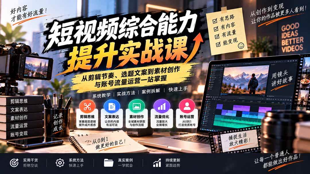 短视频综合能力提升实战课:从剪辑节奏、选题文案到素材创作与账号流量运营一站掌握
