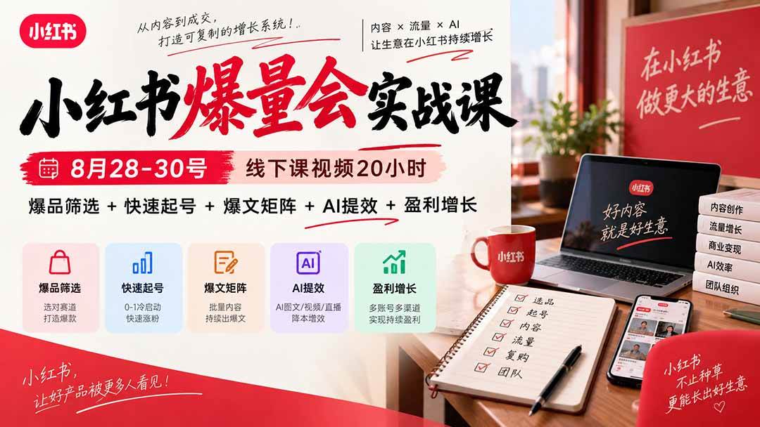 小红书爆量会实战课-更新9月23:线下课视频20小时,爆品筛选+快速起号+爆文矩阵+AI提效+盈利增长