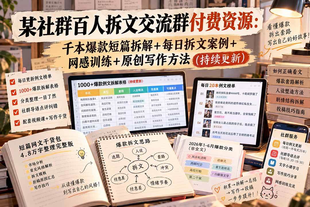 某社群百人拆文交流群付费资源:千本爆款短篇拆解+每日拆文案例+网感训练+原创写作方法 (持续更新)