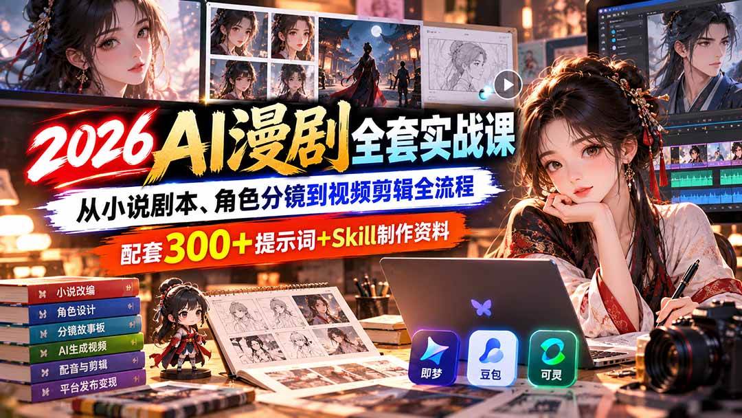 2026AI漫剧全套实战课:从小说剧本、角色分镜到视频剪辑全流程,配套300+提示词+Skill制作资料