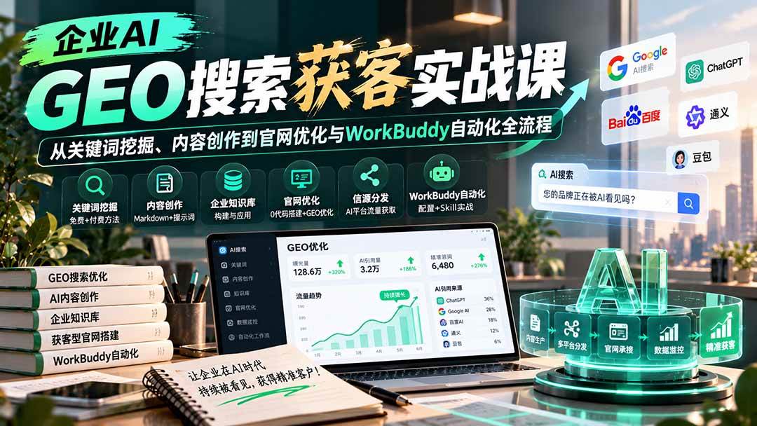 企业AI GEO搜索获客实战课:从关键词挖掘、内容创作到官网优化与WorkBuddy自动化全流程