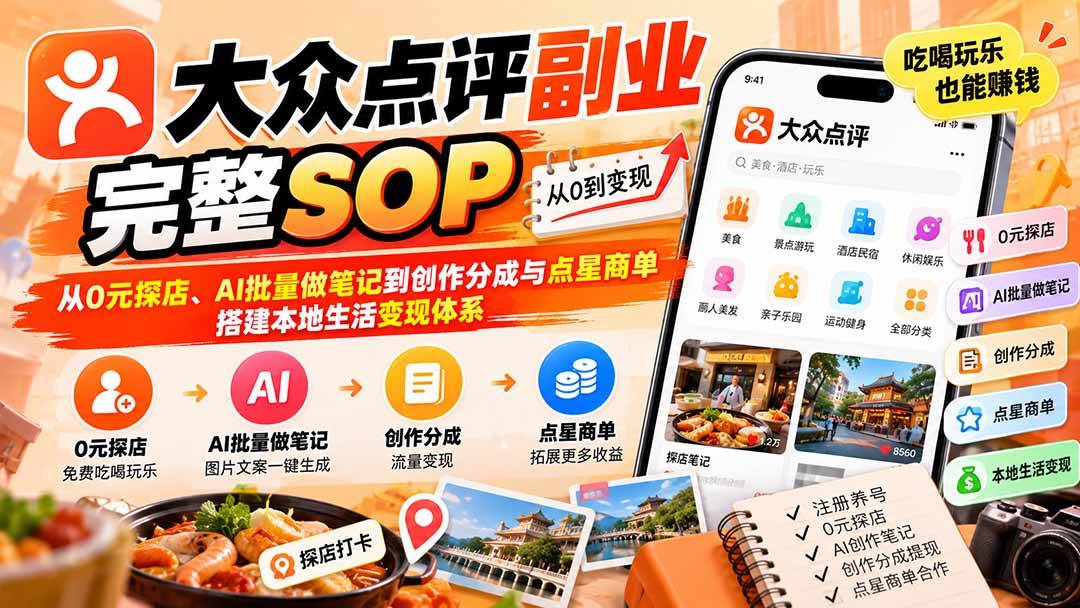 【无水印】大众点评副业完整SOP:从0元探店、AI批量做笔记到创作分成与点星商单,搭建本地生活变现体系