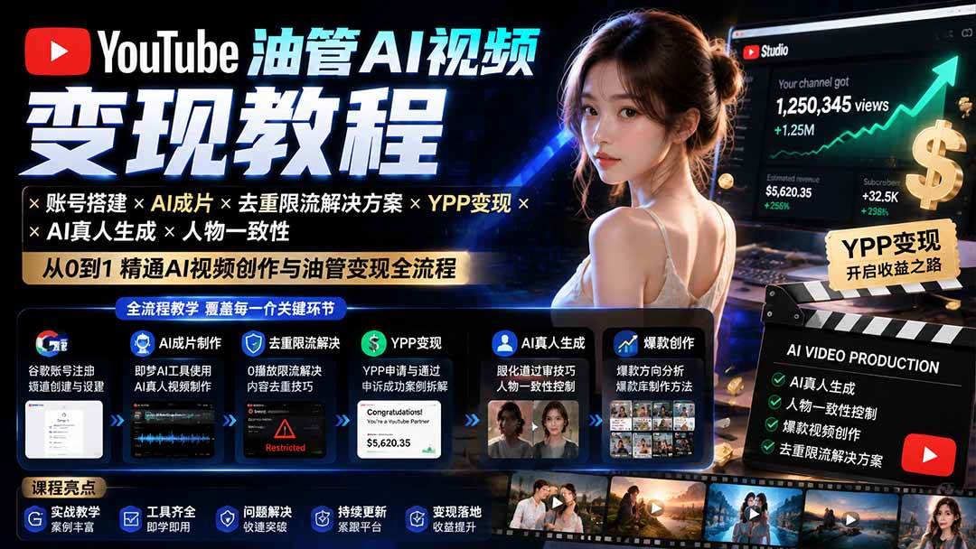 YouTube油管AI视频变现教程-更新0926:账号搭建×AI成片×去重限流解决方案×YPP变现×AI真人生成×人物一致性