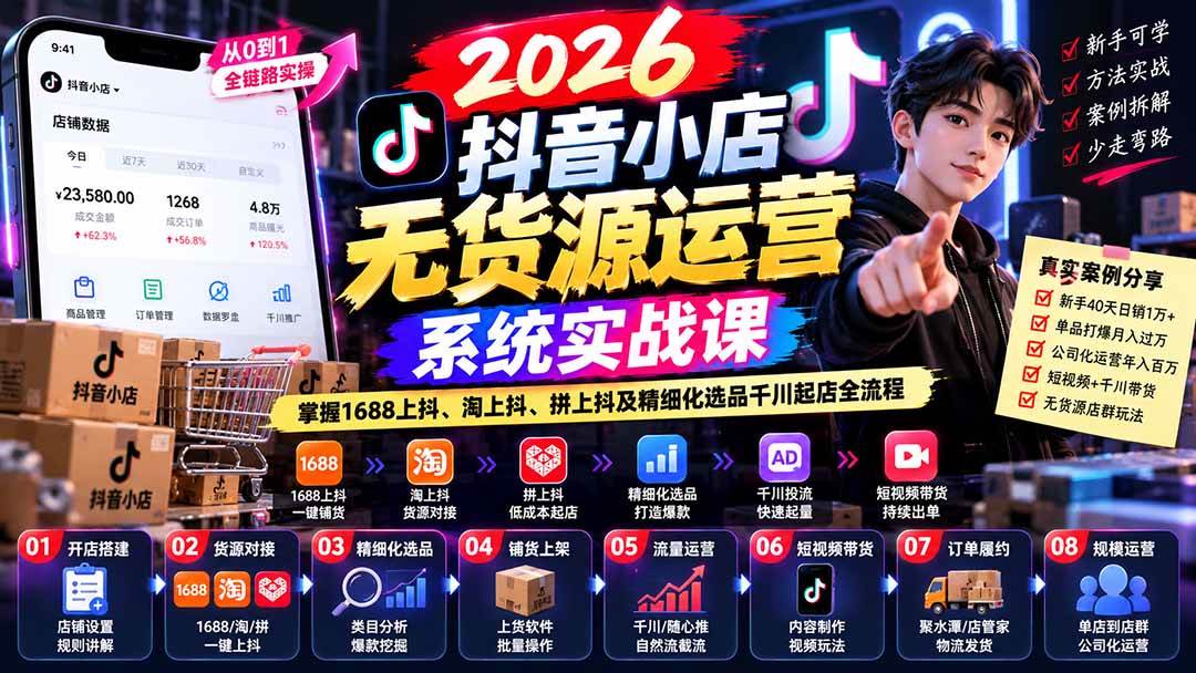 2026抖音小店无货源运营系统实战课:掌握1688上抖、淘上抖、拼上抖及精细化选品千川起店全流程