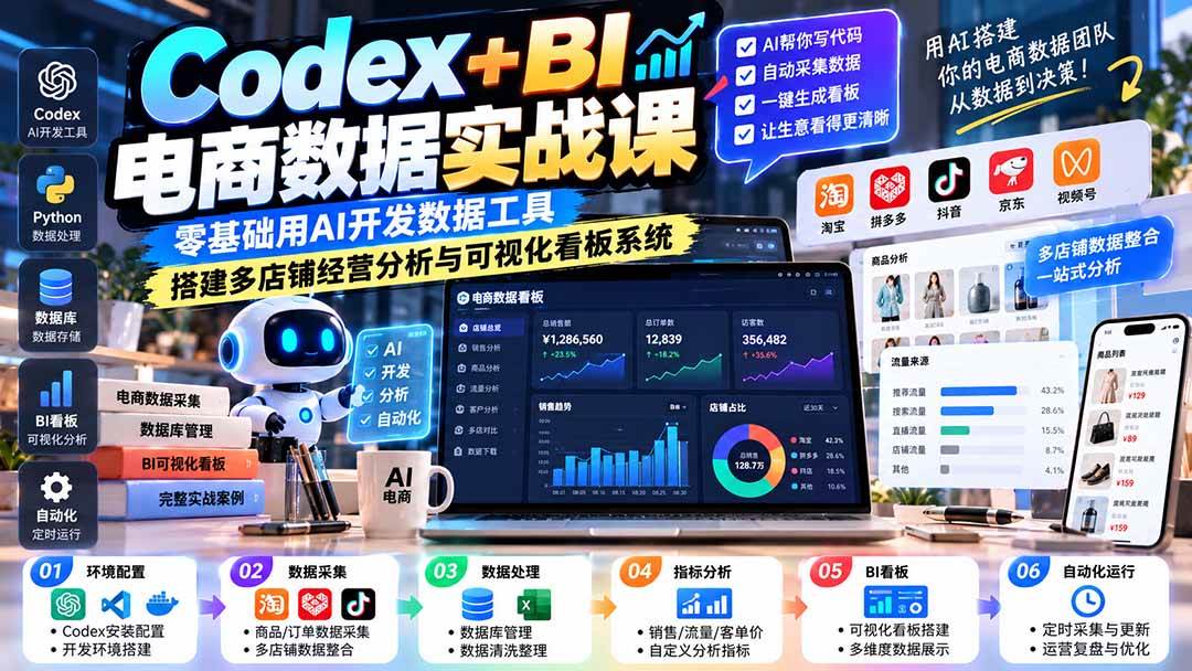 Codex+BI电商数据实战课:零基础用AI开发数据工具,搭建多店铺经营分析与可视化看板系统