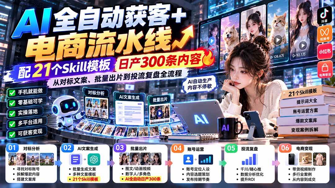 AI全自动获客+电商流水线:配21个Skill模板,日产300条内容,从对标文案、批量出片到投流复盘全流程