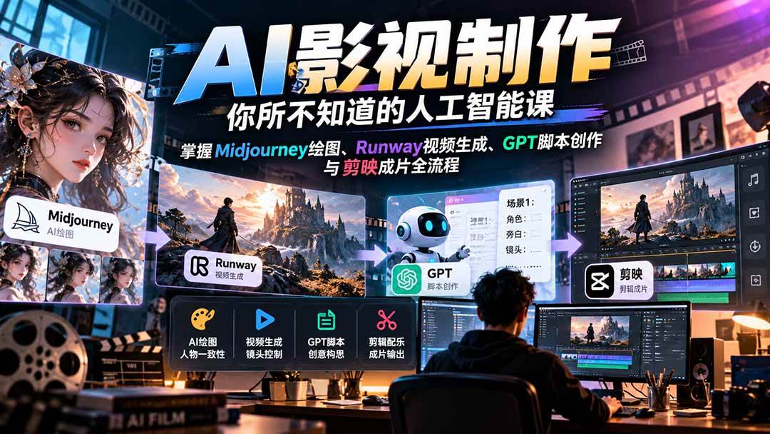 AI影视制作-你所不知道的人工智能课,掌握Midjourney绘图、Runway视频生成、GPT脚本创作与剪映成片全流程